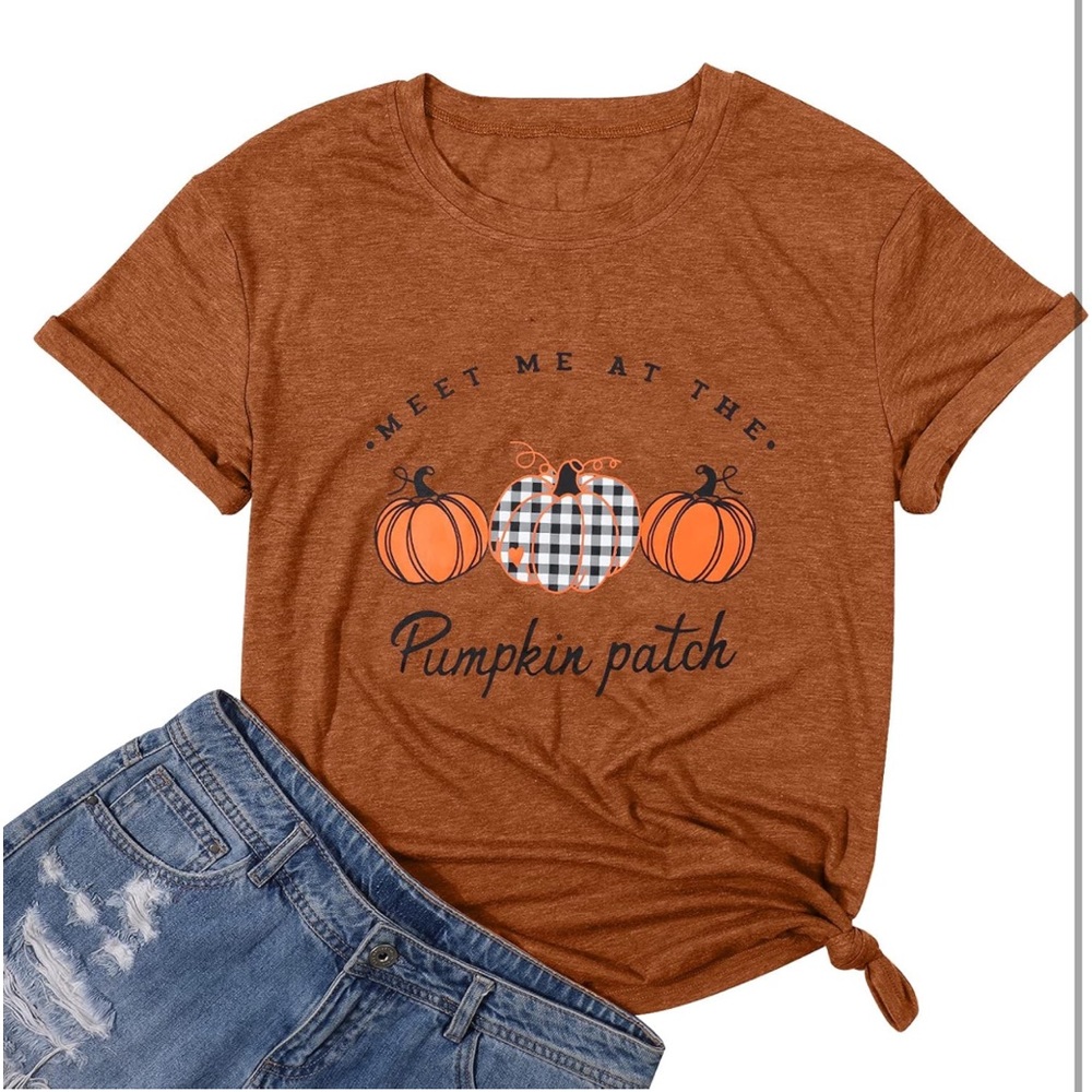 Meet Me at The Pumpkin Patch T Shirts Women Plaid Pumpkins Print Shirt